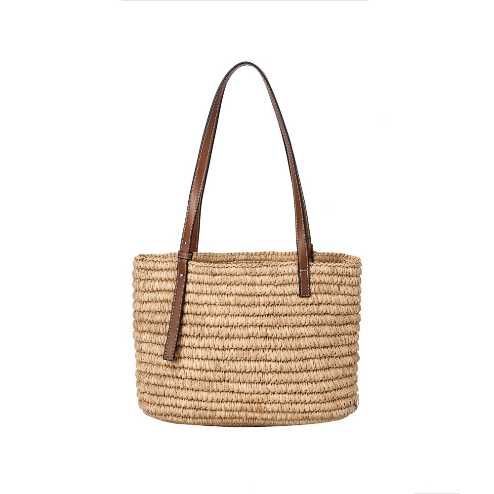 Handmade rattan bucket tote bag with PU handle large capacity straw tote bag