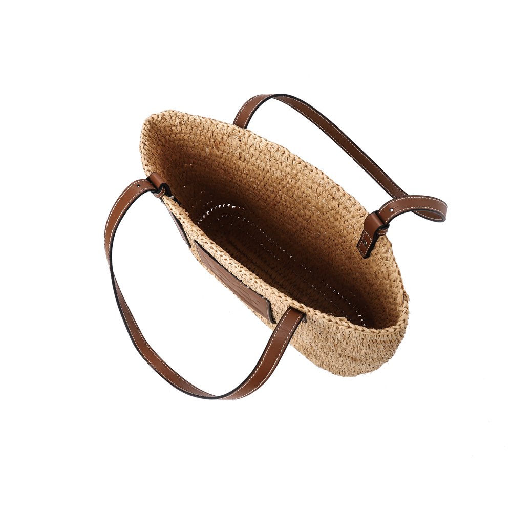 Handmade rattan bucket tote bag with PU handle large capacity straw tote bag