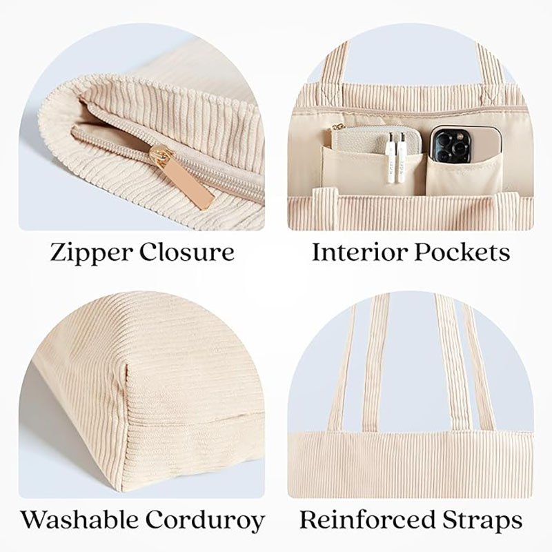 Cute Aesthetic Corduroy Tote Bag for Women and Men Nylon Tote Bag with Zipper and Inner Pockets Fashion Style