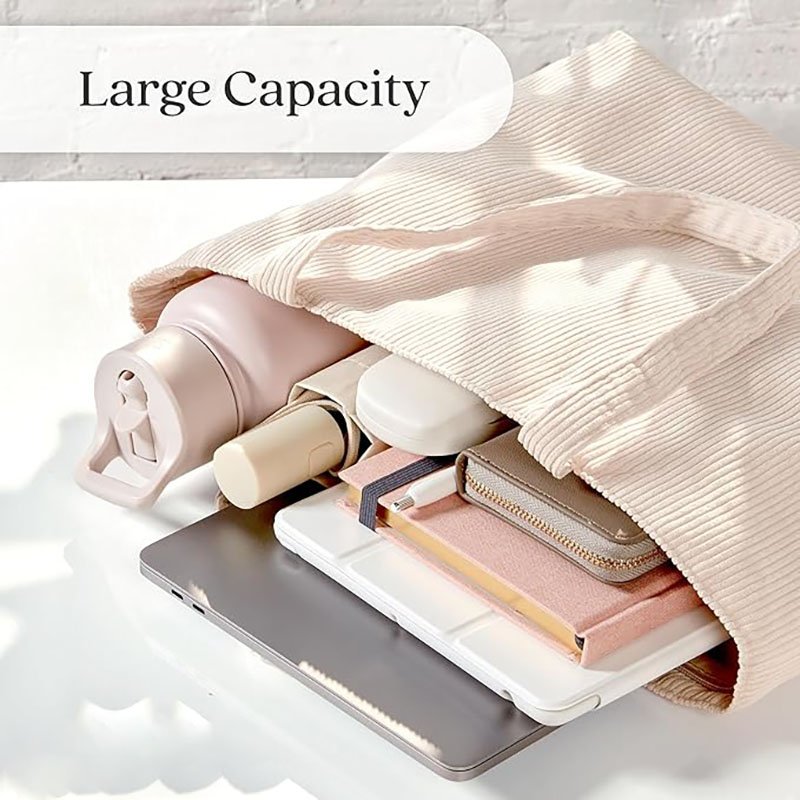 Cute Aesthetic Corduroy Tote Bag for Women and Men Nylon Tote Bag with Zipper and Inner Pockets Fashion Style
