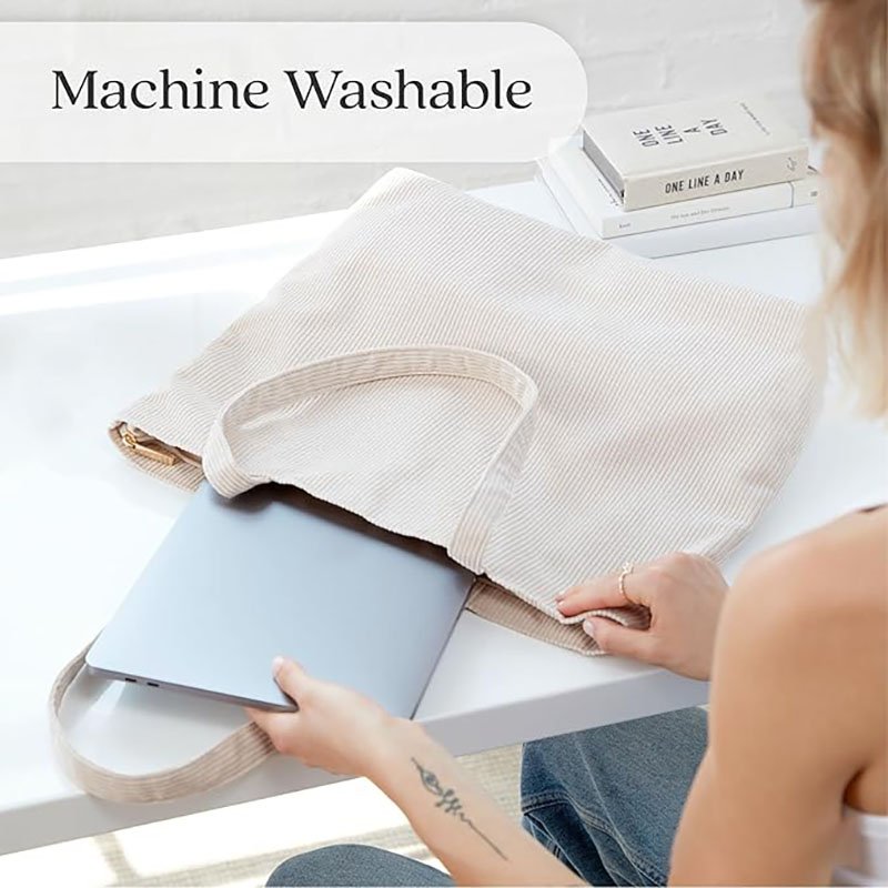 Cute Aesthetic Corduroy Tote Bag for Women and Men Nylon Tote Bag with Zipper and Inner Pockets Fashion Style
