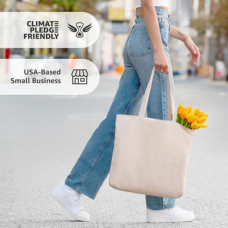 Cute Aesthetic Corduroy Tote Bag for Women and Men Nylon Tote Bag with Zipper and Inner Pockets Fashion Style