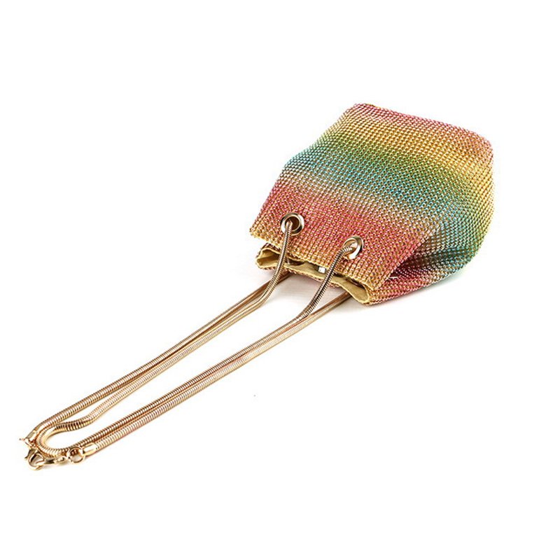 Rainbow Color Soft Bling Bling Luxury Diamonds Evening Bag With Chain And Rhinestone Set Colorful Shoulder Bag Shinny Bucket Bag