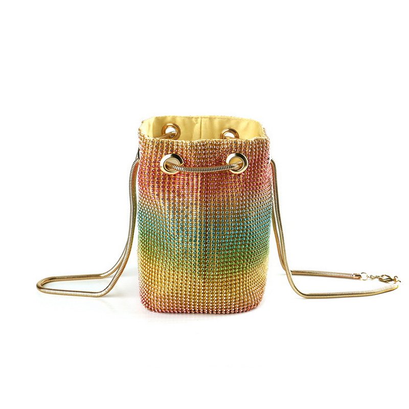 Rainbow Color Soft Bling Bling Luxury Diamonds Evening Bag With Chain And Rhinestone Set Colorful Shoulder Bag Shinny Bucket Bag