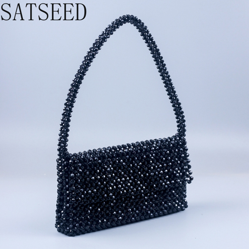 Fashion Black Acrylic Corner Bead Shoulder Bag for Women 2023 Spring New Handmade Beaded Bag Square Evening Bag Bolsa Feminina