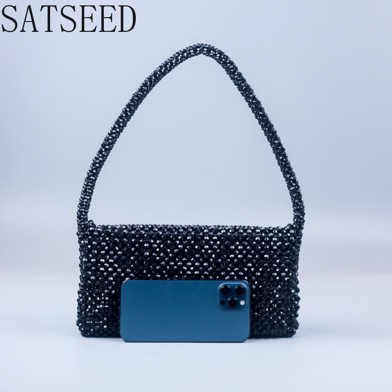Fashion Black Acrylic Corner Bead Shoulder Bag for Women 2023 Spring New Handmade Beaded Bag Square Evening Bag Bolsa Feminina