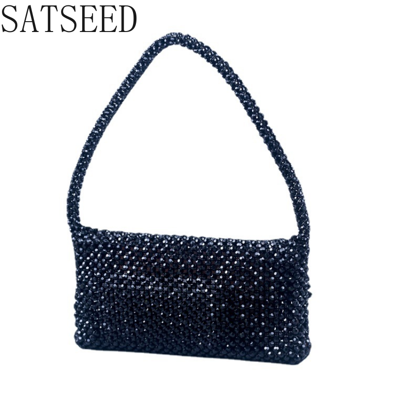 Fashion Black Acrylic Corner Bead Shoulder Bag for Women 2023 Spring New Handmade Beaded Bag Square Evening Bag Bolsa Feminina
