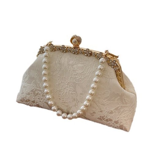 Popular Rhinestone Flower Lock Pearl Handbag Antique White Evening Clutch Bag For Women Antique Light Luxury Embroidery Beaded