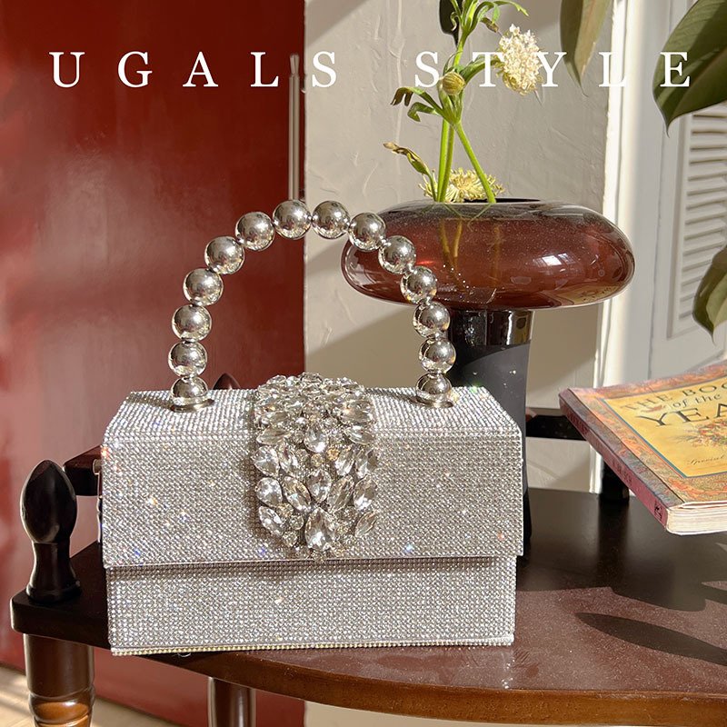 UGALS Girl Glitter Full Of Water Diamond Square Banquet Pearl Box Gold Evening Woman Crystal Designer Evening Crossbody Bag