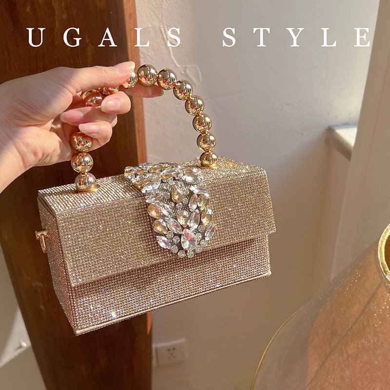 UGALS Girl Glitter Full Of Water Diamond Square Banquet Pearl Box Gold Evening Woman Crystal Designer Evening Crossbody Bag