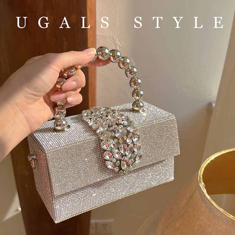 UGALS Girl Glitter Full Of Water Diamond Square Banquet Pearl Box Gold Evening Woman Crystal Designer Evening Crossbody Bag