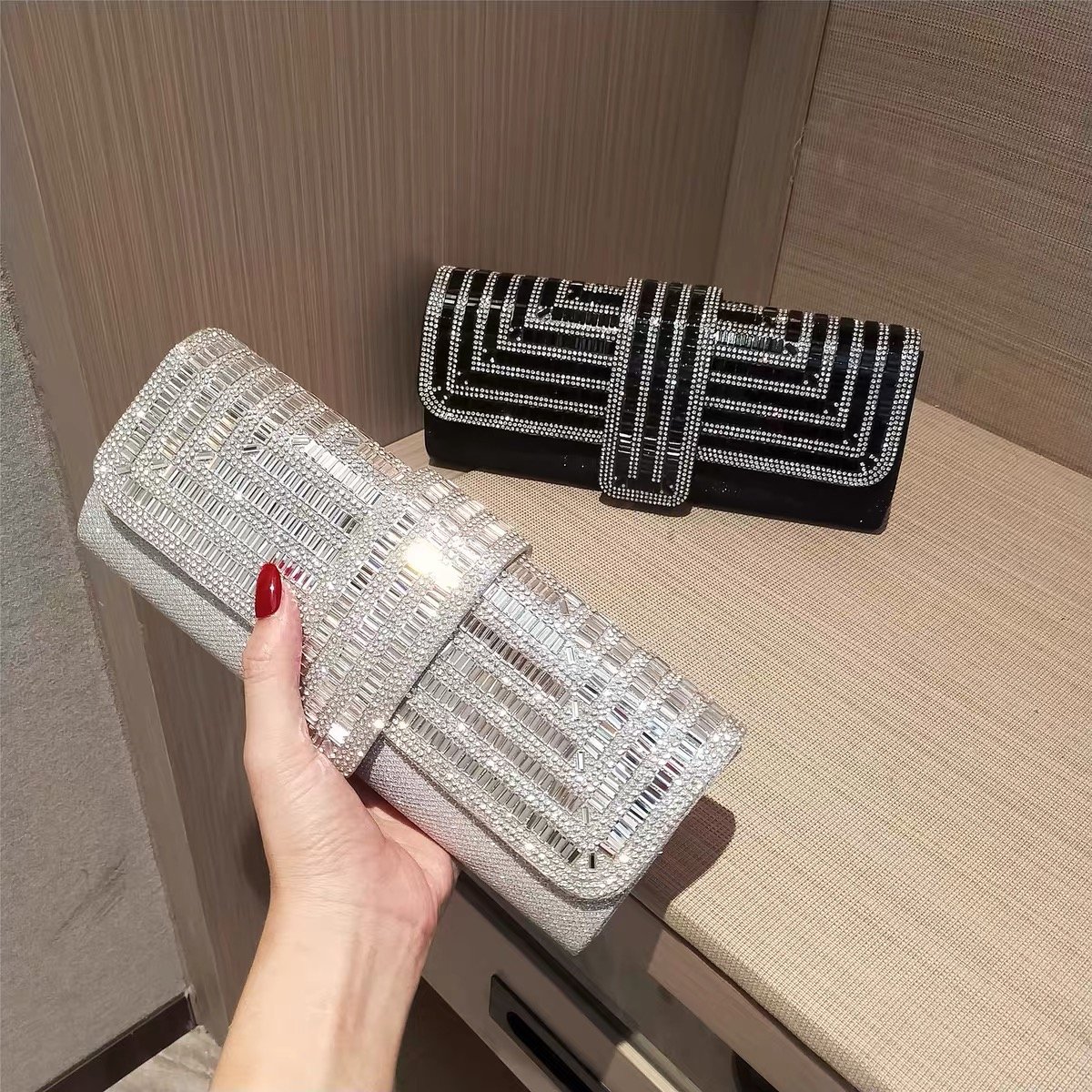 Simple Handmade Evening Envelope Clutch Bag Diamond Beaded Wedding Bridal Dinner Bag Ladies