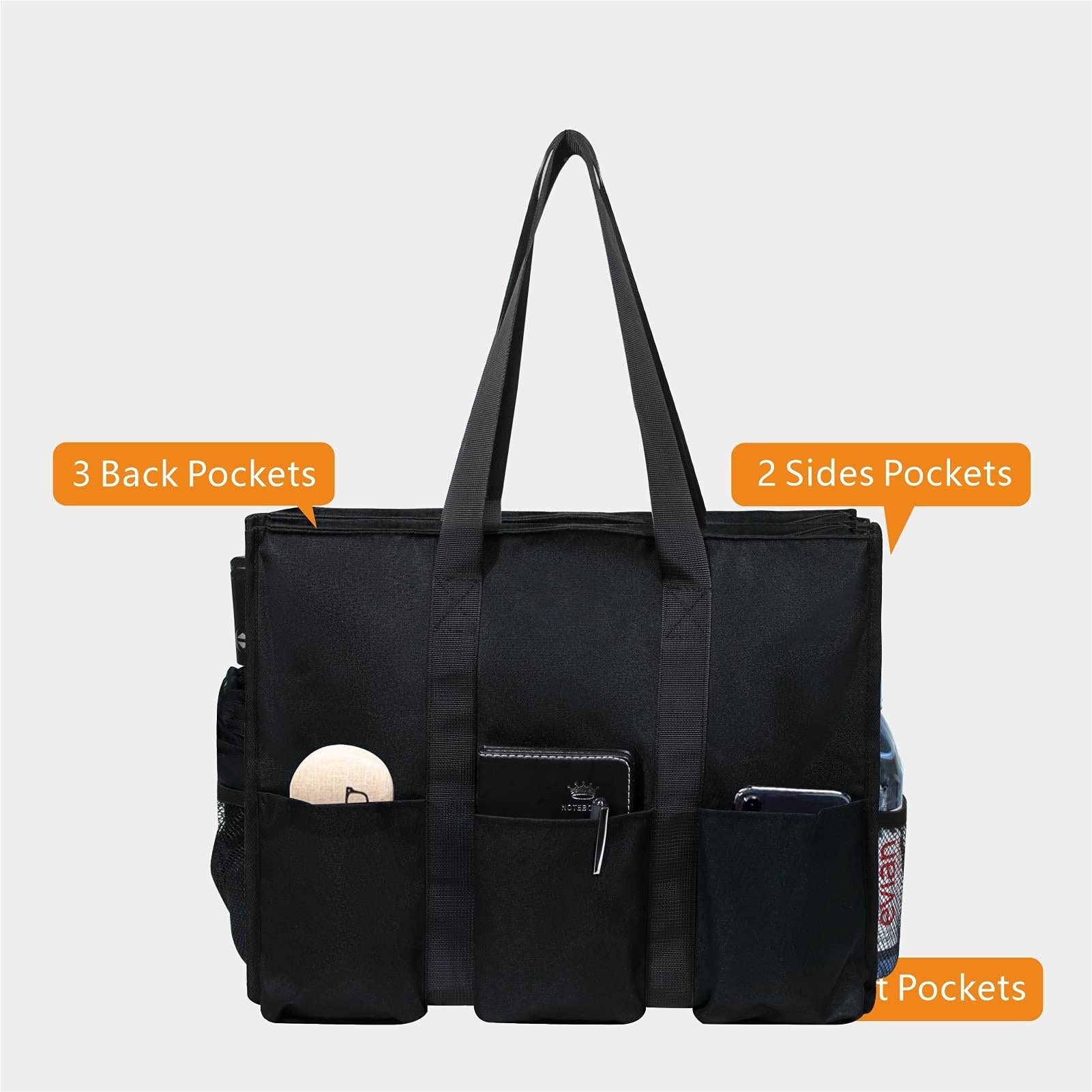 Tote Bag with Exterior & Interior Pockets, Top Zipper Closure & Thick Bottom Support