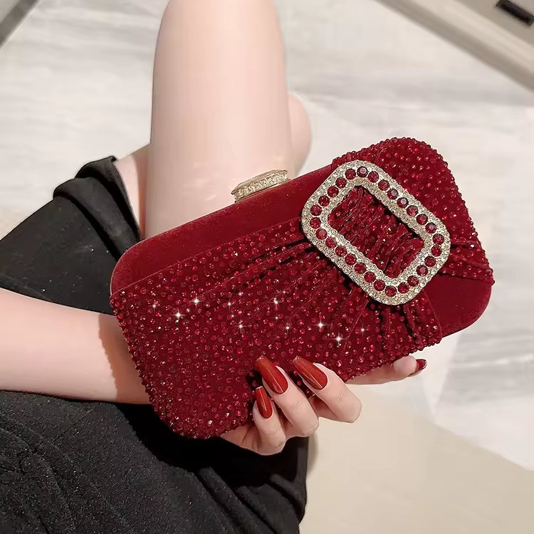 2024 Elegant Red Square Button Rhinestone Clutch Bag Single Strap Vintage Dress Style Handbag Female Party Dinner Evening Bags