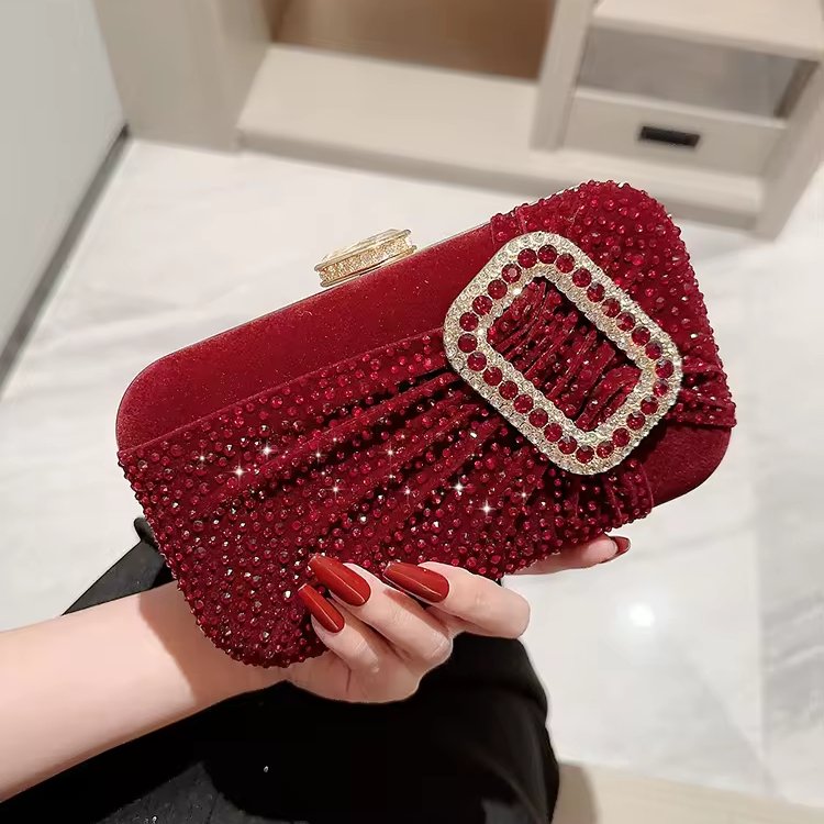 2024 Elegant Red Square Button Rhinestone Clutch Bag Single Strap Vintage Dress Style Handbag Female Party Dinner Evening Bags