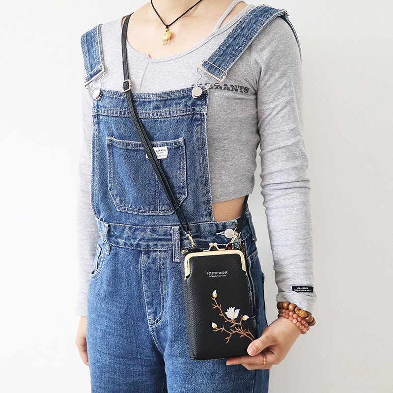 Factory Hot Sales Modern Design Embroidered Flower Purse Mobile Bag Leather Folding Cell Phone Wallet Cases Messenger Bag