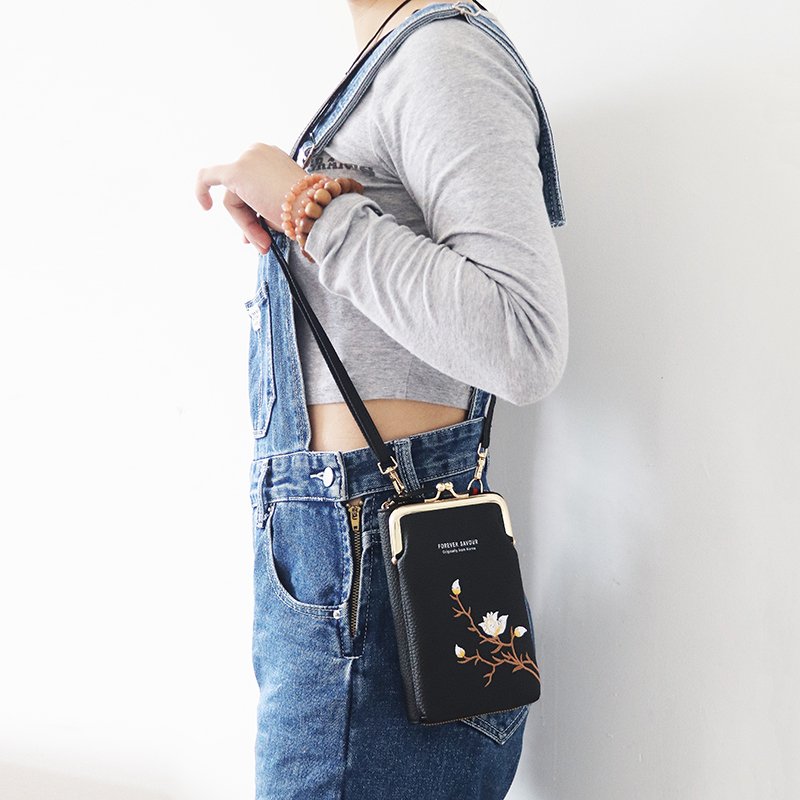 Factory Hot Sales Modern Design Embroidered Flower Purse Mobile Bag Leather Folding Cell Phone Wallet Cases Messenger Bag