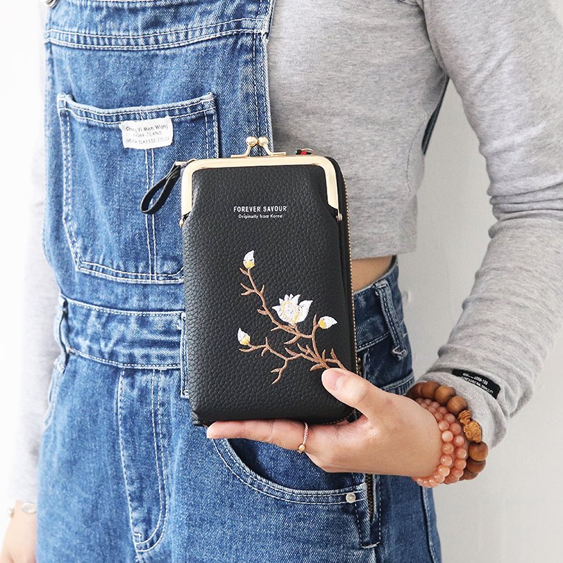 Factory Hot Sales Modern Design Embroidered Flower Purse Mobile Bag Leather Folding Cell Phone Wallet Cases Messenger Bag