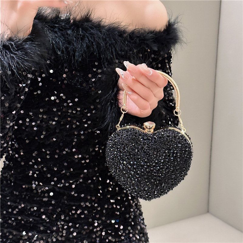 High quality luxury party ladies women purse clutch handbag shoulder crossbody chain tote luxury heart rhinestone evening bag