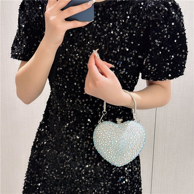 High quality luxury party ladies women purse clutch handbag shoulder crossbody chain tote luxury heart rhinestone evening bag