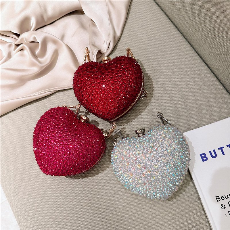 High quality luxury party ladies women purse clutch handbag shoulder crossbody chain tote luxury heart rhinestone evening bag