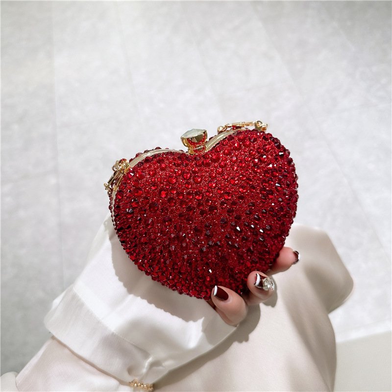 High quality luxury party ladies women purse clutch handbag shoulder crossbody chain tote luxury heart rhinestone evening bag