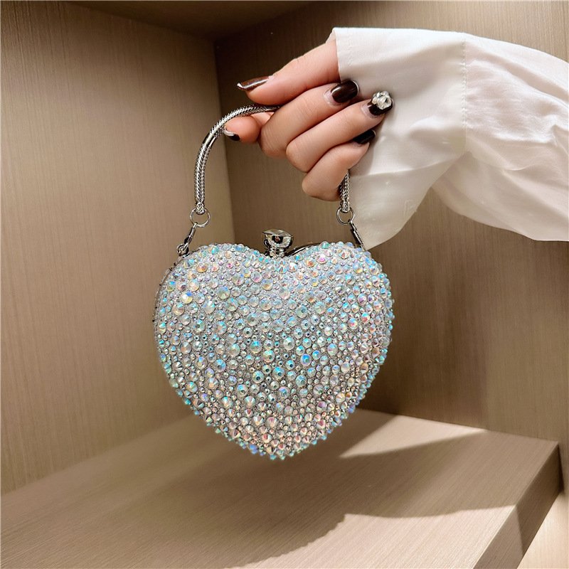High quality luxury party ladies women purse clutch handbag shoulder crossbody chain tote luxury heart rhinestone evening bag