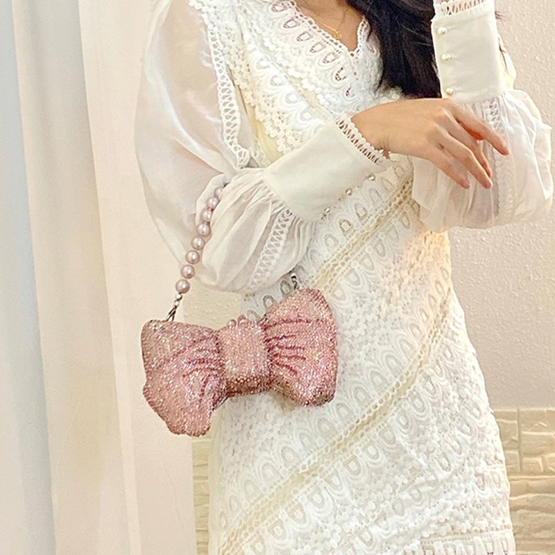 New Arrival Beautiful Shiny Bowknot Wedding Evening Clutch Bag Women With Pearl Handle