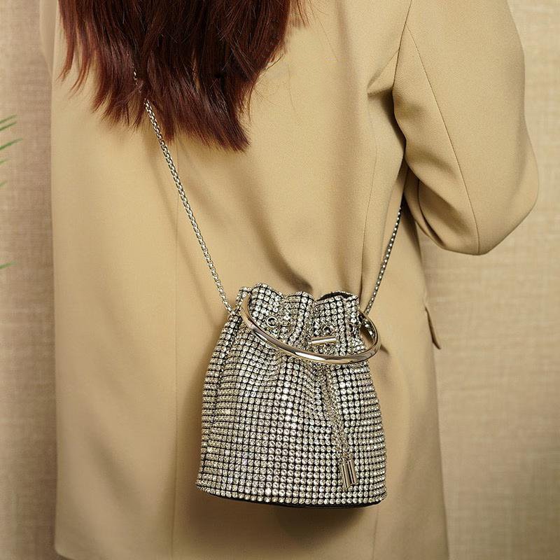 Women's Rhinestone Purse Luxury Diamond Shining Clutch Chain Crossbody Bucket Bling Bling Evening Bag