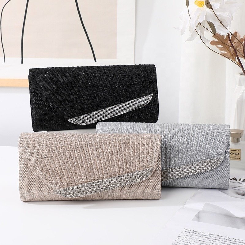 RB399 Hot Sale High Quality Women Luxury Wrinkle Bags Polyester Bling Sequin Golden Evening Clutch Bag Ladies Dinner Handbags