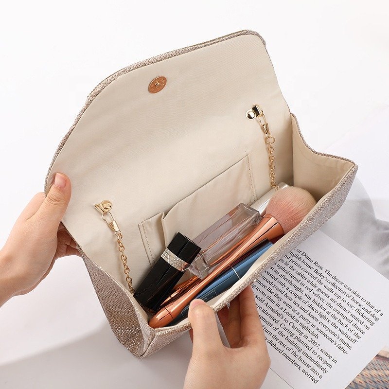 RB399 Hot Sale High Quality Women Luxury Wrinkle Bags Polyester Bling Sequin Golden Evening Clutch Bag Ladies Dinner Handbags