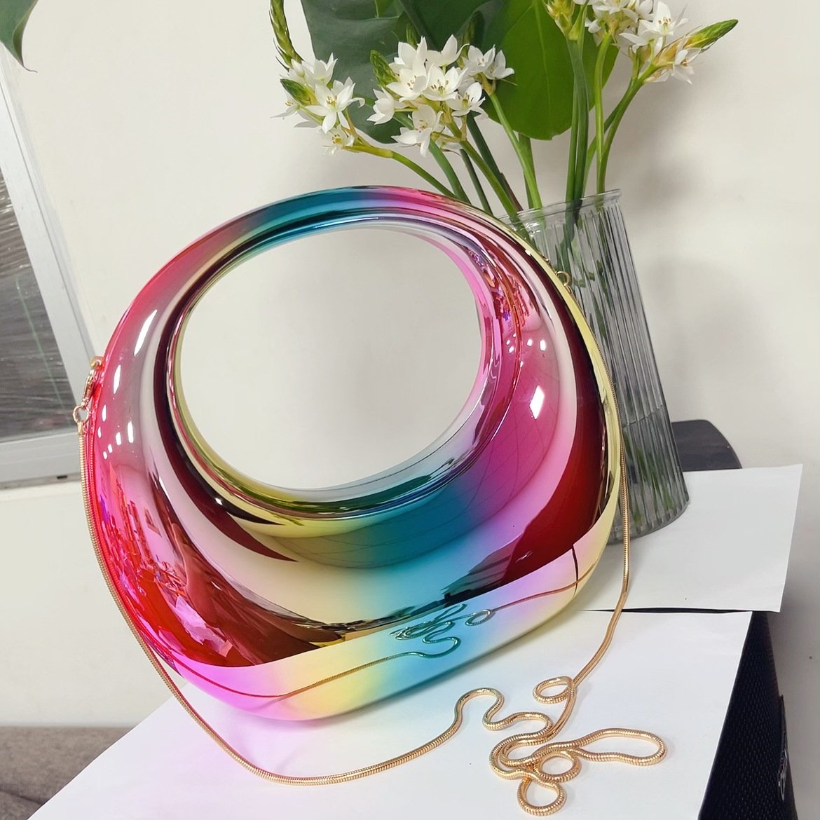 metallic half moon evening bag colorful luxury acrylic evening purse handbag for women