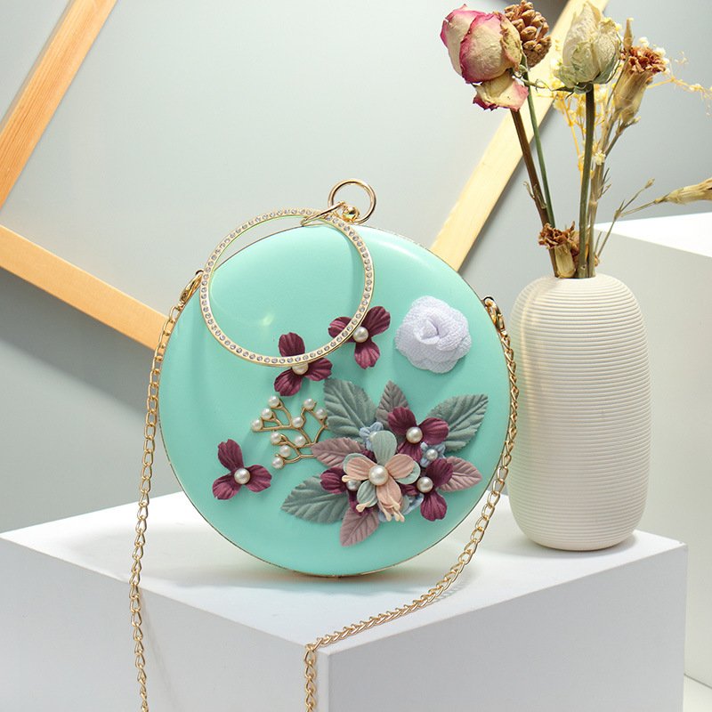 New Korean Version Of The Portable Banquet Dress Clutch Bag Female Slung Three-dimensional Flower Round Evening Bag
