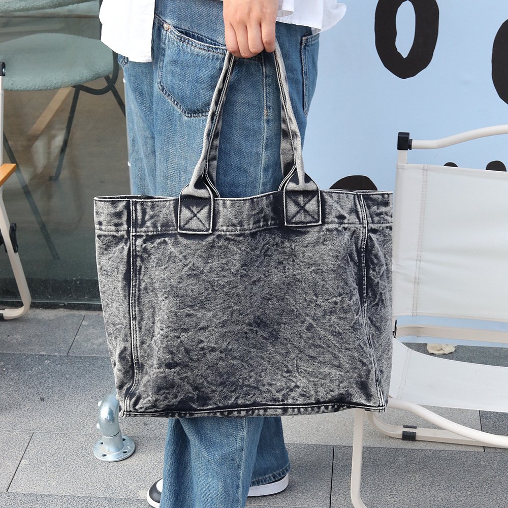 Canvas Shoulder Bag Custom Made Craft Recyclable Shopping Tote Washed Denim Fabric Canvas Bag For Ladies