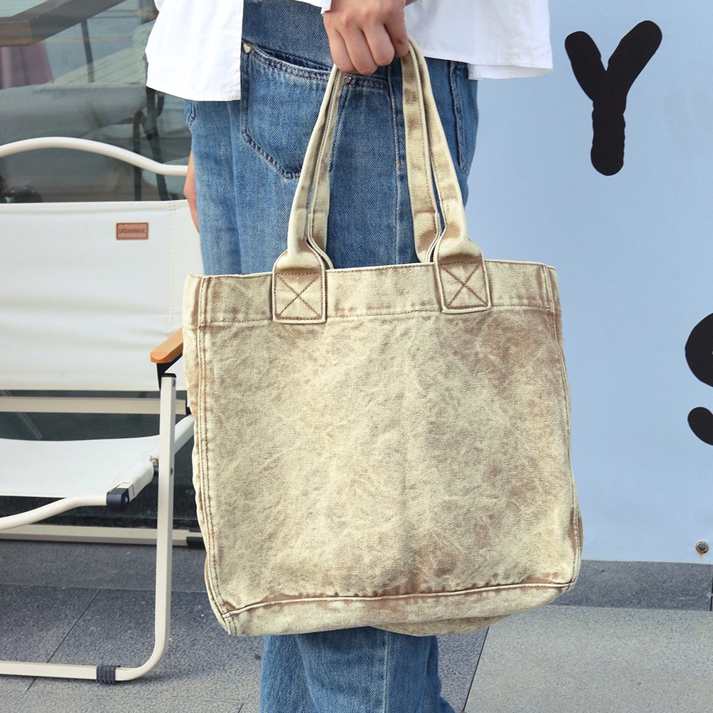Canvas Shoulder Bag Custom Made Craft Recyclable Shopping Tote Washed Denim Fabric Canvas Bag For Ladies