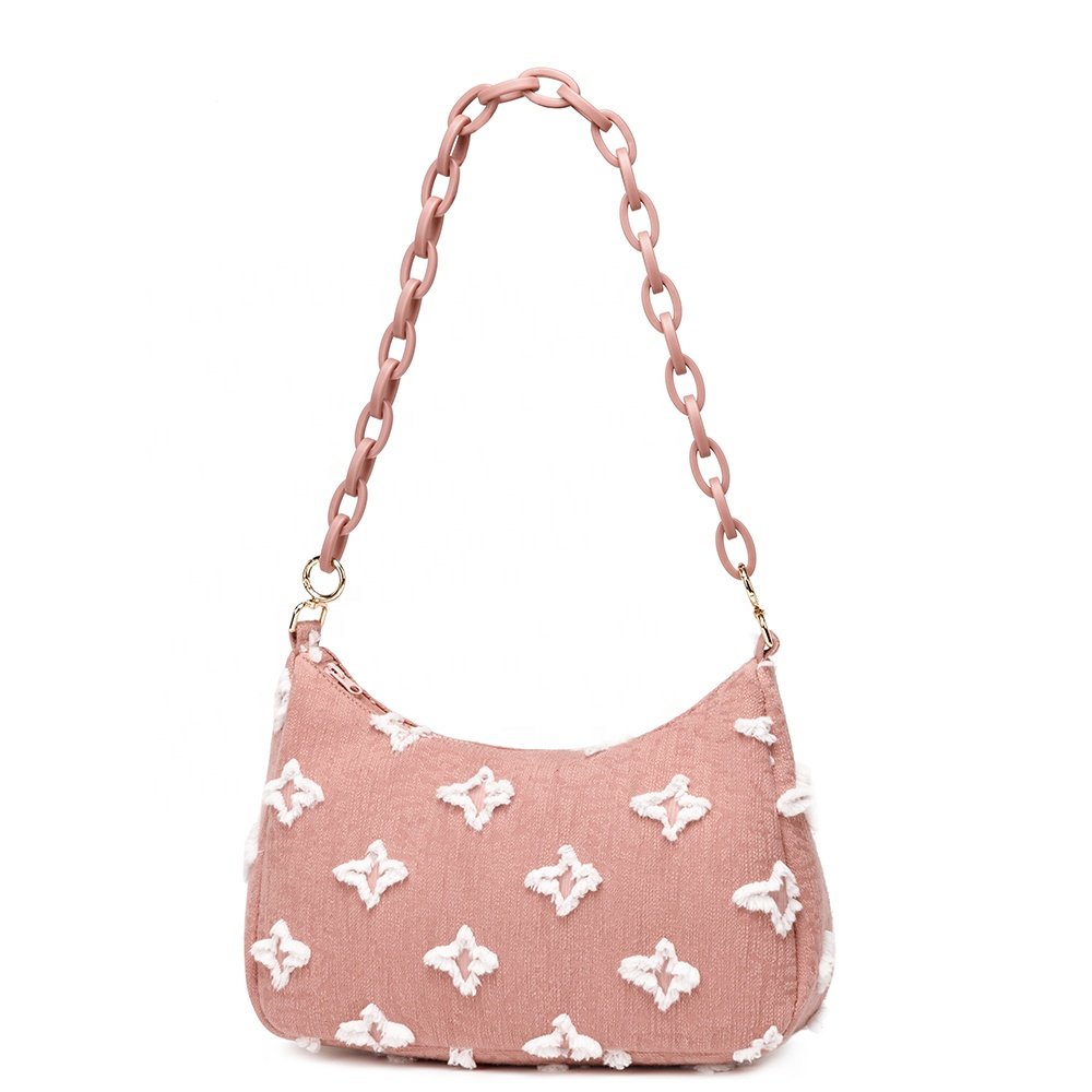 With detachable resin chain bags Hobo saddle bag in jacquard denim