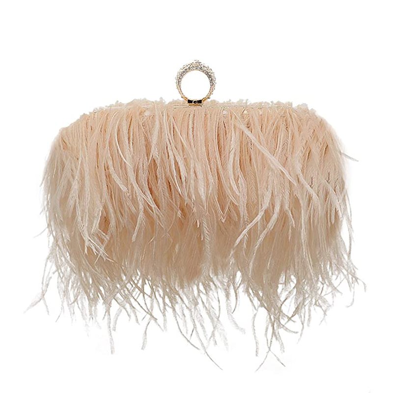 Luxurious Fluffy Ostrich Feather Clutch Evening Bag For Ladies Wedding Party Dinner Dating Dress Shoulder Bag With Metal Frame