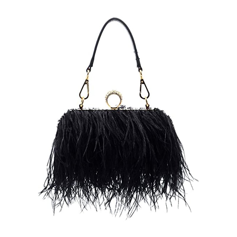 Luxurious Fluffy Ostrich Feather Clutch Evening Bag For Ladies Wedding Party Dinner Dating Dress Shoulder Bag With Metal Frame