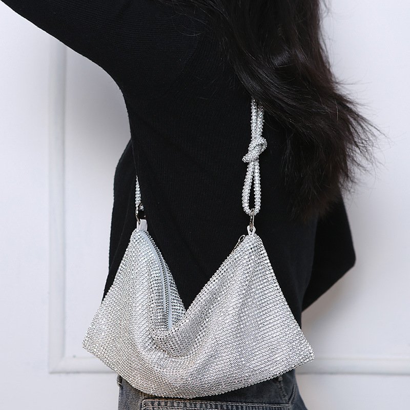 Factory custom fashion pleated soft leather ladies hobo bag luxury rhinestone sparkling party women's evening bag