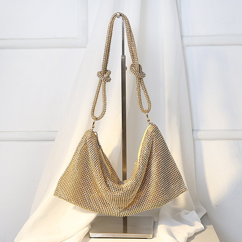 Factory custom fashion pleated soft leather ladies hobo bag luxury rhinestone sparkling party women's evening bag