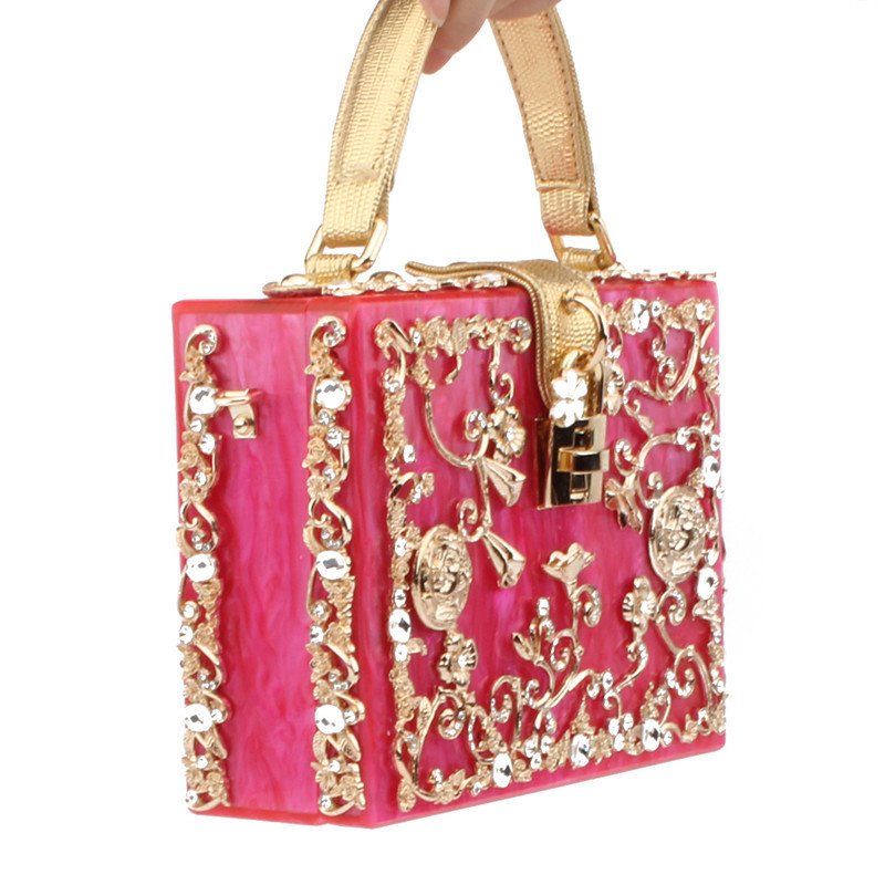 Top-Handle Box Tote Handbags,Acrylic & Flower Designer crossbody Shoulder Bags for Women Rhinestones evening bag