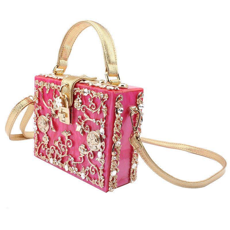 Top-Handle Box Tote Handbags,Acrylic & Flower Designer crossbody Shoulder Bags for Women Rhinestones evening bag