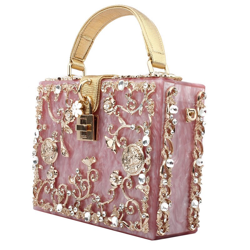 Top-Handle Box Tote Handbags,Acrylic & Flower Designer crossbody Shoulder Bags for Women Rhinestones evening bag