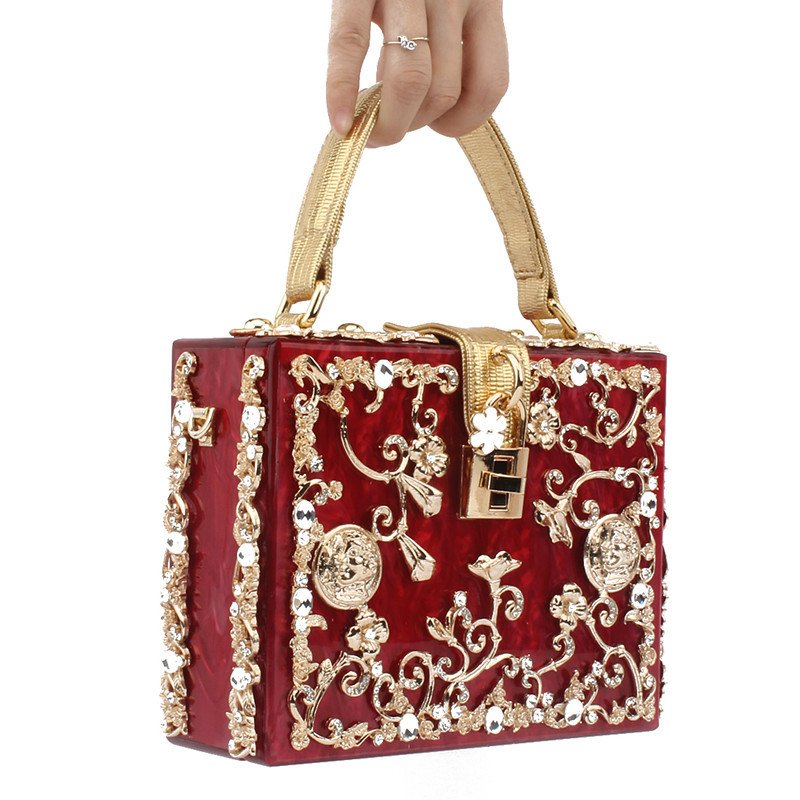 Top-Handle Box Tote Handbags,Acrylic & Flower Designer crossbody Shoulder Bags for Women Rhinestones evening bag