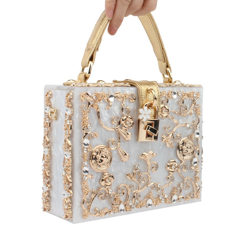Top-Handle Box Tote Handbags,Acrylic & Flower Designer crossbody Shoulder Bags for Women Rhinestones evening bag