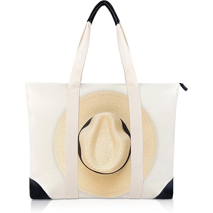 Multiple Pockets Soft Leather Strap Shoulder Heavy Duty Extra Women Large Beach Carrying Canvas Tote Bags With Hat Holder Strap