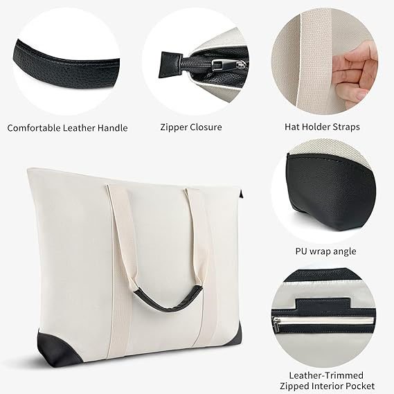 Multiple Pockets Soft Leather Strap Shoulder Heavy Duty Extra Women Large Beach Carrying Canvas Tote Bags With Hat Holder Strap