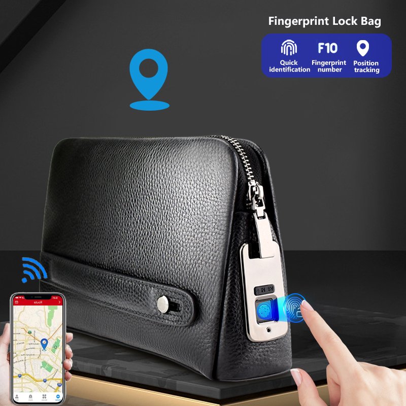 Genuine Leather Cell Phone Wallet Clutch Bag Evening Bags Mini GPS Tracker Anti-Lost Fingerprint Lock Clutch Bags for Men