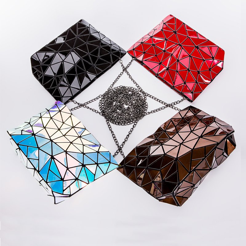Premium High Quality Laser Holographic Geometric women Crossbody Bag PU Lady Makeup Evening Bag with Chain