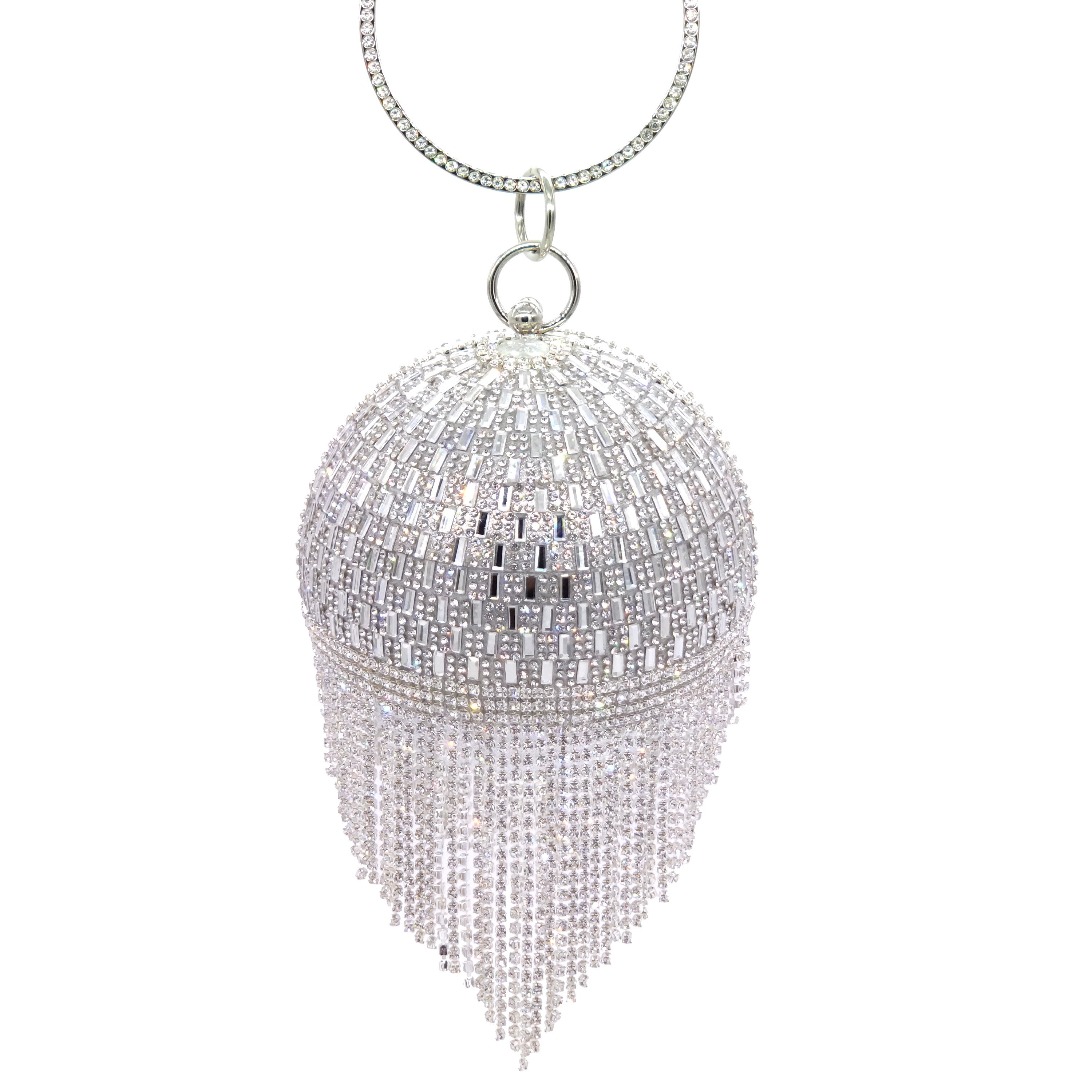Newest gold glitter women tassel party silver purse diamond handbags luxury brand crystal round evening bag